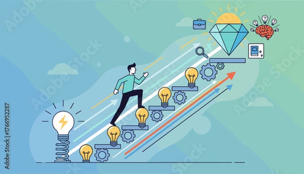 Fototapeta Vivid vector illustration depicting a determined man ascending a staircase of gears and lightbulbs, symbolizing progress, innovation, and the pursuit of success towards a shining diamond representing