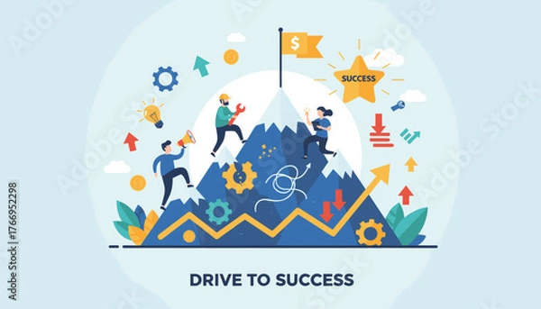 Fototapeta Vector illustration of a business motivation concept, depicting a team climbing a mountain towards a success flag, symbolizing teamwork, goal achievement, and overcoming challenges with tools, ideas