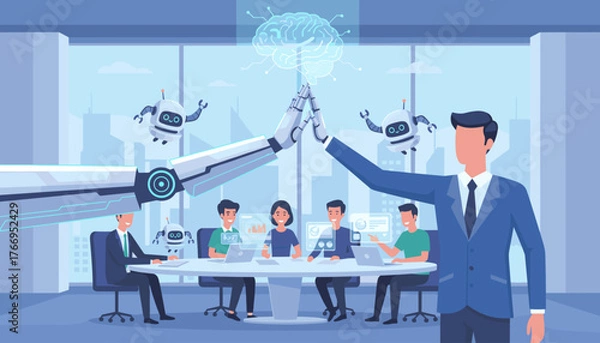 Obraz Futuristic business meeting where a human in a suit high-fives a robotic arm, symbolizing collaboration between humans and AI, with small robots floating around and a digital brain hologram above
