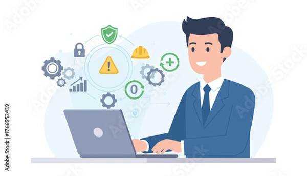 Fototapeta Work safety concept illustration featuring a smiling businessman in a blue suit using a laptop, surrounded by icons representing security, warnings, gears, and progress charts, symbolizing a secure