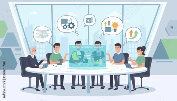 Obraz Diverse team of professionals collaborating around a futuristic holographic table displaying company information analytics, charts, and graphs, fostering innovation and strategic planning in a modern