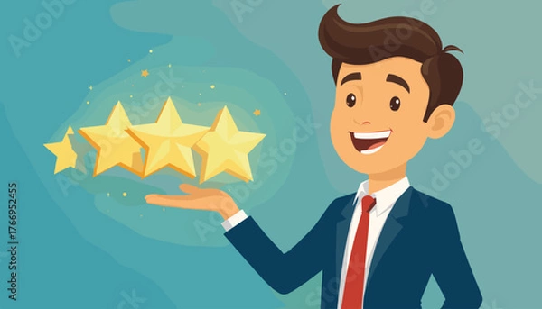 Obraz A cheerful businessman in a blue suit and red tie presents a glowing five-star rating with a bright smile, symbolizing excellent customer service, positive feedback, and business success against a