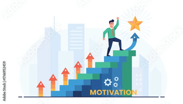 Obraz A determined businessman triumphantly climbs a vibrant staircase towards a golden star, symbolizing achievement and success, set against a backdrop of modern city skyscrapers, representing ambition