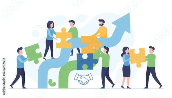 Obraz Business concept metaphor of teamwork and collaboration, with diverse people connecting puzzle pieces to build a successful strategy, symbolizing growth and partnership, illustrated with a blue arrow