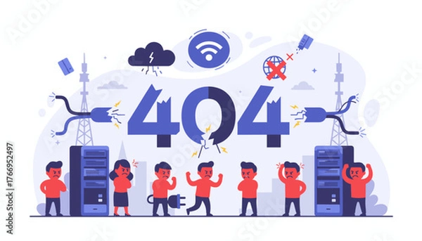 Obraz Frustrated business people react to a 404 error page with broken server racks, disconnected cables, and a storm cloud symbolizing technical difficulties and website downtime, illustrating digital