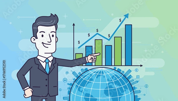 Obraz Dynamic illustration of a smiling businessman in a suit pointing at an upward trending financial growth graph, symbolizing business success and economic progress, with a globe and city skyline in the