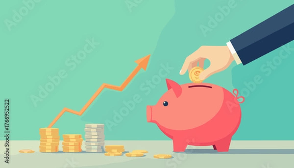 Obraz A businessman's hand is depositing a gold coin into a pink piggy bank, symbolizing savings and financial growth, with a rising orange arrow graph in the background indicating an upward trend in