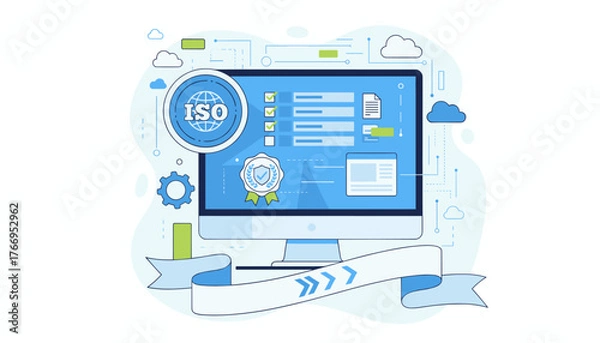 Fototapeta Modern flat design illustration of ISO standards and quality control assurance on a computer screen, featuring a globe, checklist, badge of excellence, and gears, symbolizing certification and