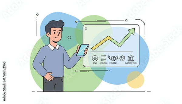 Fototapeta Modern flat illustration of a man holding a smartphone displaying a financial growth chart with icons representing sale, earnings, strategy, and business plan, symbolizing investment profit and