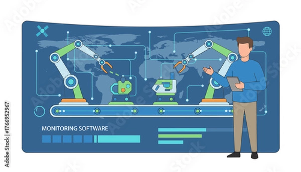 Fototapeta Manager or engineer checking and controlling automated robotic arms on a production line with a world map background, representing global industry and monitoring software for advanced manufacturing