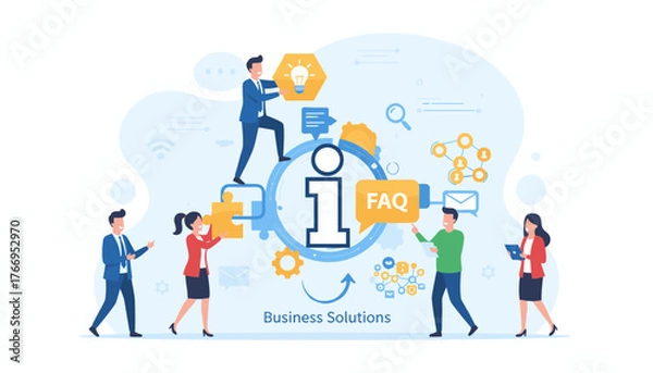 Fototapeta Diverse team of professionals collaborating around a central information hub, symbolizing business solutions, communication, and problem-solving with puzzle pieces, lightbulbs, and FAQ icons