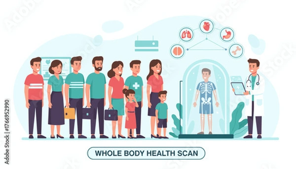 Fototapeta Diverse group of people waiting for a whole body health scan, with a doctor examining a patient's skeleton and internal organs on a futuristic medical display, representing healthcare and diagnostics.