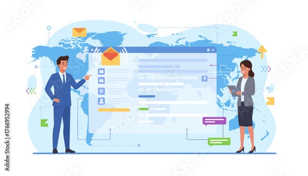 Fototapeta Modern business professionals, a man and a woman, interact with a digital interface displaying email notifications and global communication networks, symbolizing international business and digital