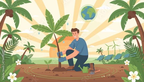 Fototapeta Vibrant illustration of a man planting a young tropical tree in fertile soil, symbolizing environmental conservation and reforestation efforts, with a backdrop of lush greenery, palm trees, blooming