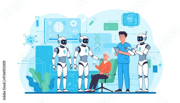 Fototapeta Advanced medical technology showcases AI robots assisting a doctor in patient care, diagnostics, and treatment, featuring futuristic healthcare innovations and scientific research elements like DNA