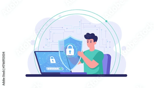 Fototapeta Digital security concept: a person holding a shield with a lock symbol in front of a laptop displaying a password entry field and a lock icon, representing secure login and authentication in the