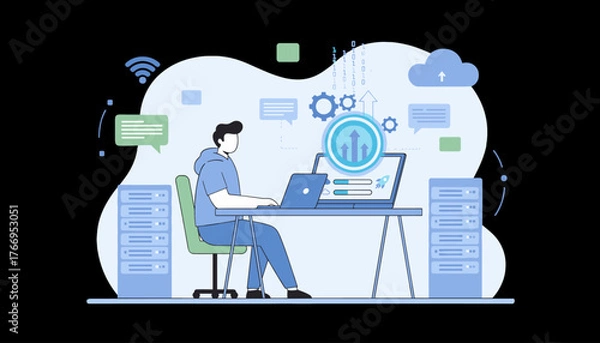 Fototapeta Modern flat illustration of a person working on a laptop, symbolizing software updates, upgrades, and technological progress with cloud integration, servers, and binary code elements, representing