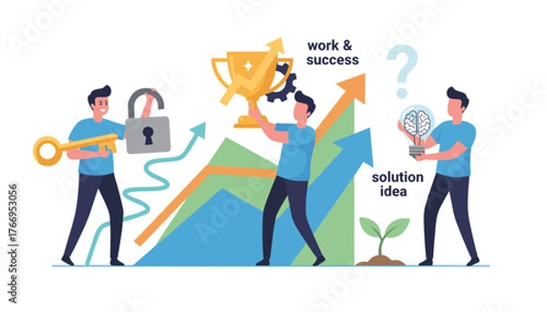 Fototapeta Business growth concept with characters representing problem-solving, idea generation, and success, featuring icons like a key, lock, trophy, lightbulb with brain, and upward trending graphs