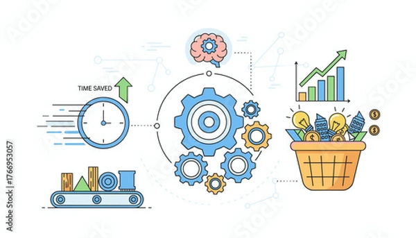 Fototapeta Vivid flat illustration of productivity concept, showcasing efficient work processes and effective resource management with gears, a clock indicating time saved, a conveyor belt, a brain symbolizing