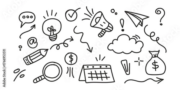 Obraz Line cute element set. Hand-drawn sketch doodle style arrow, cloud, star with marker stroke pencil highlight. Doodle sketch heart, star, cloud cartoon sticker shapes