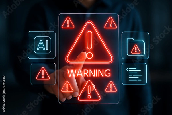 Fototapeta A human hand touching a futuristic holographic screen with a big red warning triangle symbolizing danger system error or a critical alert in technology and business