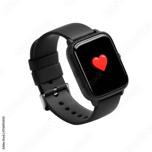 Obraz Black smartwatch with red heart icon png wearable png fitness png health png pulse png technology png gadget png screen png tracker png device png transparent background image