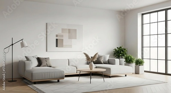 Fototapeta Bright and spacious modern living area featuring a comfortable L-shaped sofa, elegant decor, and large window