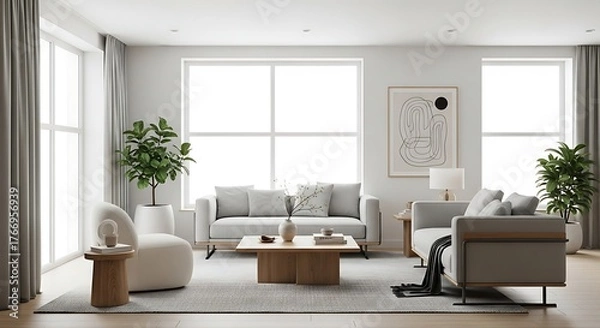 Fototapeta Modern and Elegant Living Room A Serene Space with Stylish Furniture and Natural Light
