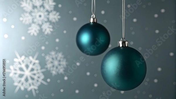 Obraz Two shimmering teal christmas ornaments hang in front of a soft focus background with large white snowflakes and falling snow