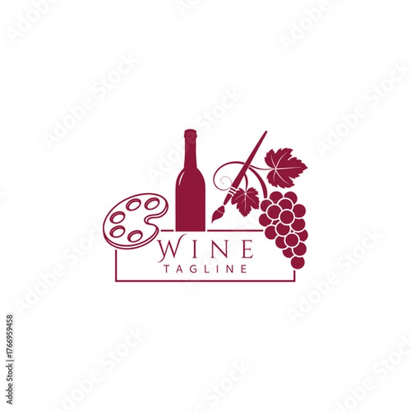 Obraz Wine illustration featuring a bottle grapes palette and artist s brush
