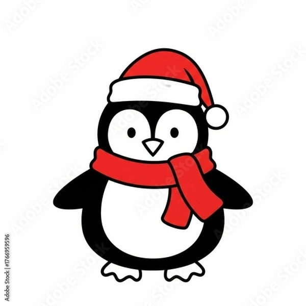 Fototapeta Cute Penguin with Red Scarf and Hat on White Background Holiday Illustration