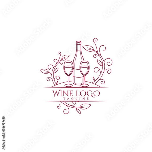 Fototapeta Sketch of wine bottle and glasses with floral decorative elements