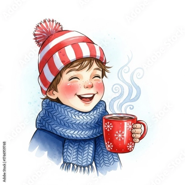Obraz Happy Young Boy in Winter Hat and Scarf Holds Red Mug with Steam on White
