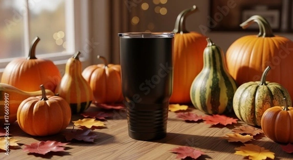 Obraz Black Tumbler Surrounded by Pumpkins and Autumn Leaves in Warm Light