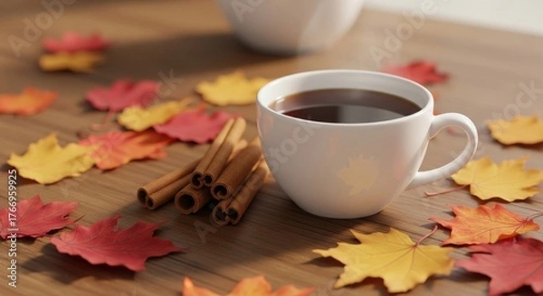 Obraz Warm White Mug of Black Coffee with Cinnamon Sticks and Colorful Leaves