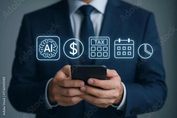 Fototapeta Man holding a smartphone with glowing icons for artificial intelligence, money, tax calculator, calendar, and pie chart, symbolizing digital financial and business management