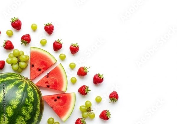 Fototapeta Overhead shot of watermelon, strawberries, and grapes on a white background.