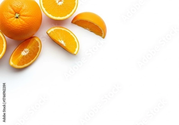 Fototapeta Bright and refreshing orange slices on a clean white background.