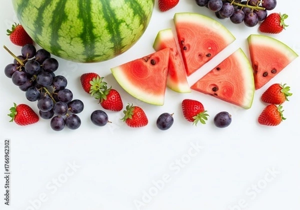 Fototapeta Fresh summer fruits: watermelon, grapes, and strawberries on a white background.
