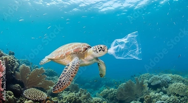 Fototapeta Sea Turtle Using Plastic Bag As Breathing Tool in Underwater Coral Reef Scene