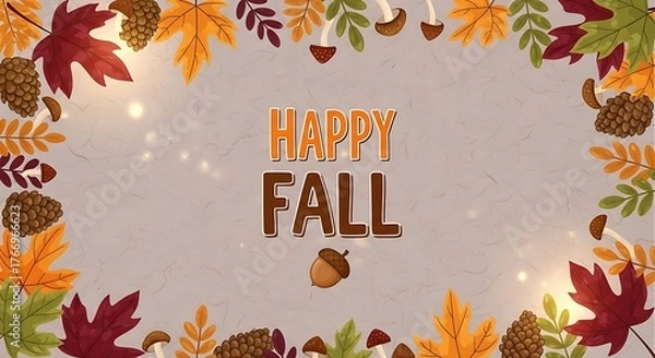 Obraz Celebrate happy fall season with vibrant autumn leaves, pine cones, and mushrooms for seasonal greetings