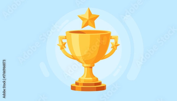 Fototapeta A gleaming golden 3D trophy cup, adorned with stars on its handles and a prominent star atop, stands as a symbol of achievement and victory against a soft blue background with subtle circular