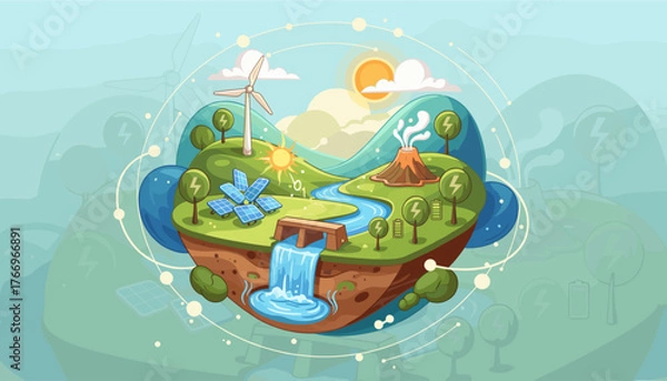 Fototapeta Vibrant abstract illustration showcasing a miniature ecosystem powered by renewable energy sources, featuring solar panels, wind turbines, and geothermal activity, symbolizing sustainability and