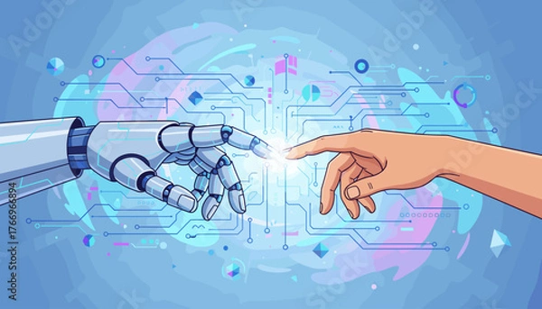 Fototapeta Futuristic digital art depicting the moment of connection between a robotic hand and a human hand, symbolizing the convergence of artificial intelligence and humanity, set against a backdrop of