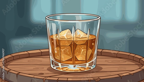 Fototapeta Aromatic amber-colored whiskey or bourbon served in a clear crystal glass filled with ice cubes, resting on a rustic wooden barrel, with a soft blue background suggesting a bar or cellar atmosphere
