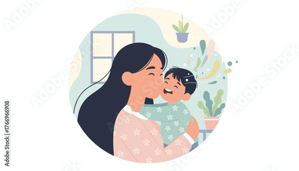 Fototapeta Vibrant illustration of a loving Asian mother embracing her joyful child, sharing a tender moment of affection and happiness indoors with plants and a window in the background, symbolizing family