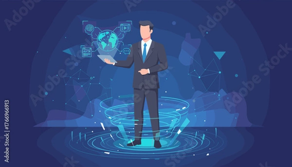 Fototapeta Futuristic businessman in a suit holding a tablet, interacting with a holographic projection of the Earth and various digital icons, representing artificial intelligence, technology, and global