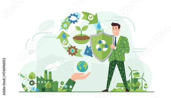 Fototapeta Vivid illustration of a businessman in a suit adorned with green leaves, holding a shield with the recycling symbol, symbolizing environmental protection and a bio-circular green economy, with a