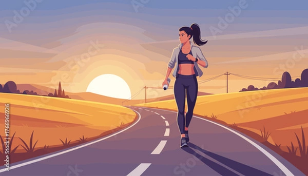 Fototapeta Vibrant illustration of a fit woman with a ponytail, wearing athletic wear, walking on a winding rural road during a golden sunset, holding a water bottle, embodying health and outdoor activity.