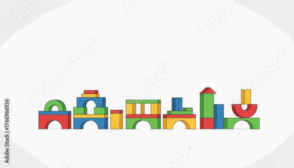 Fototapeta A vibrant row of colorful building blocks, arranged in a modern flat vector style, showcasing arches, towers, and geometric shapes, perfect for educational or creative themes.